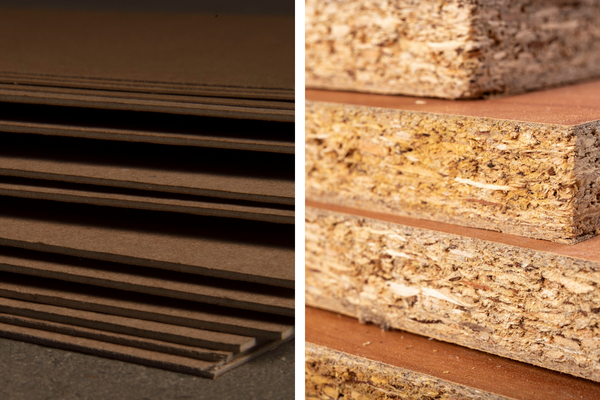 A comparison of chipboard on the left and particleboard stacks on the right